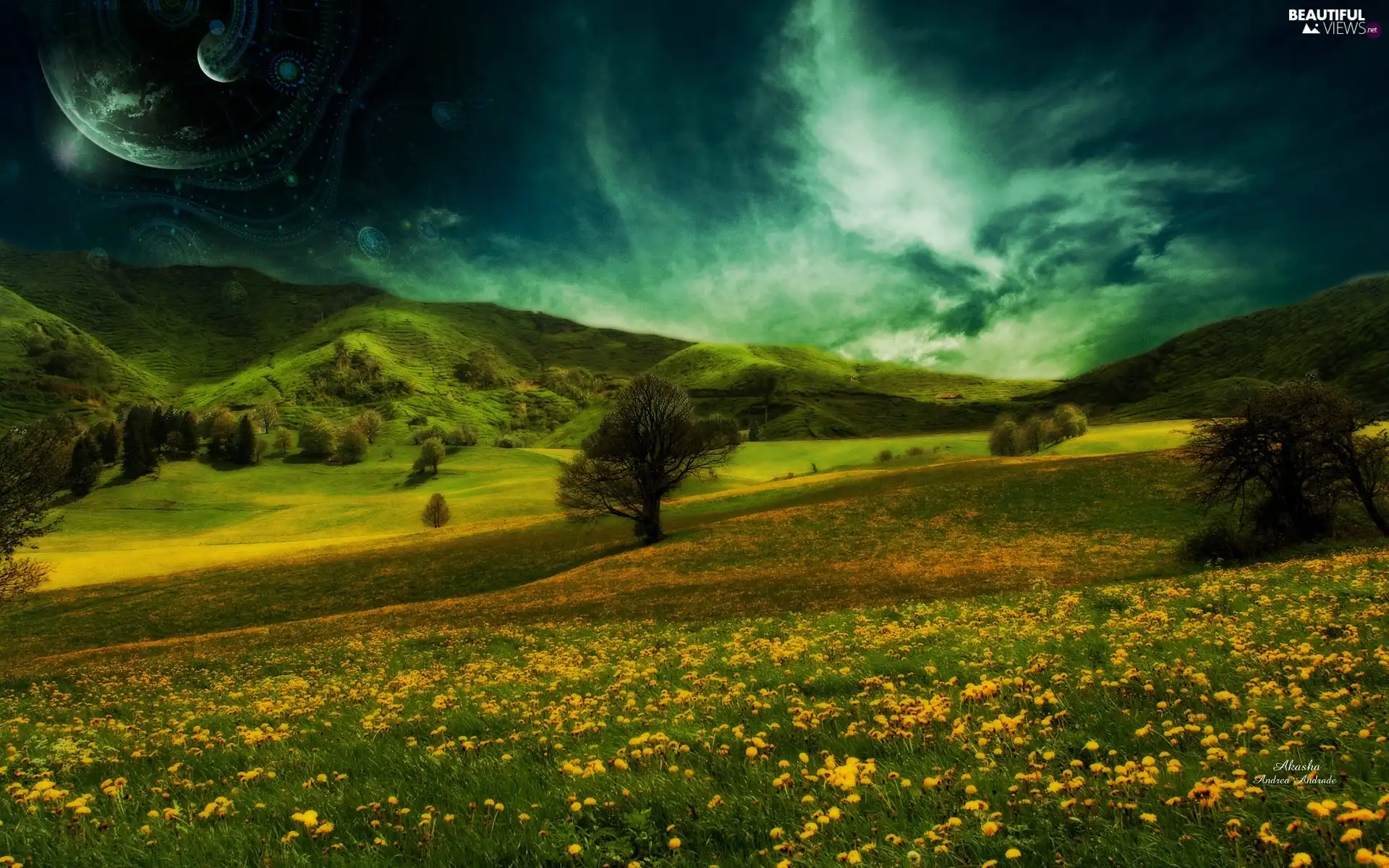 clouds, Meadow, Mountains