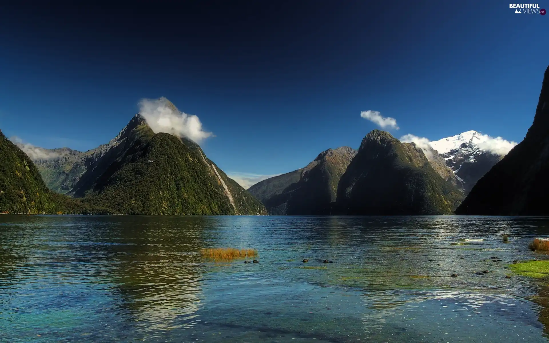 clouds, River, Mountains