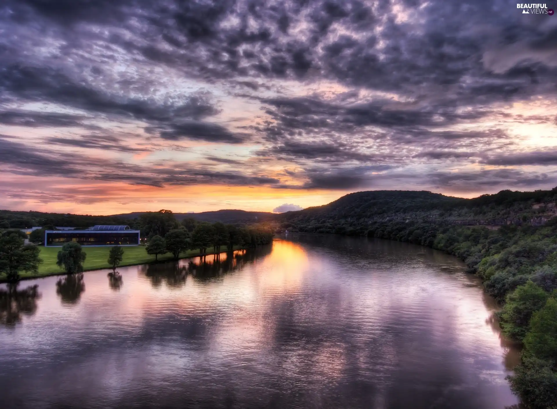 clouds, River, Mountains