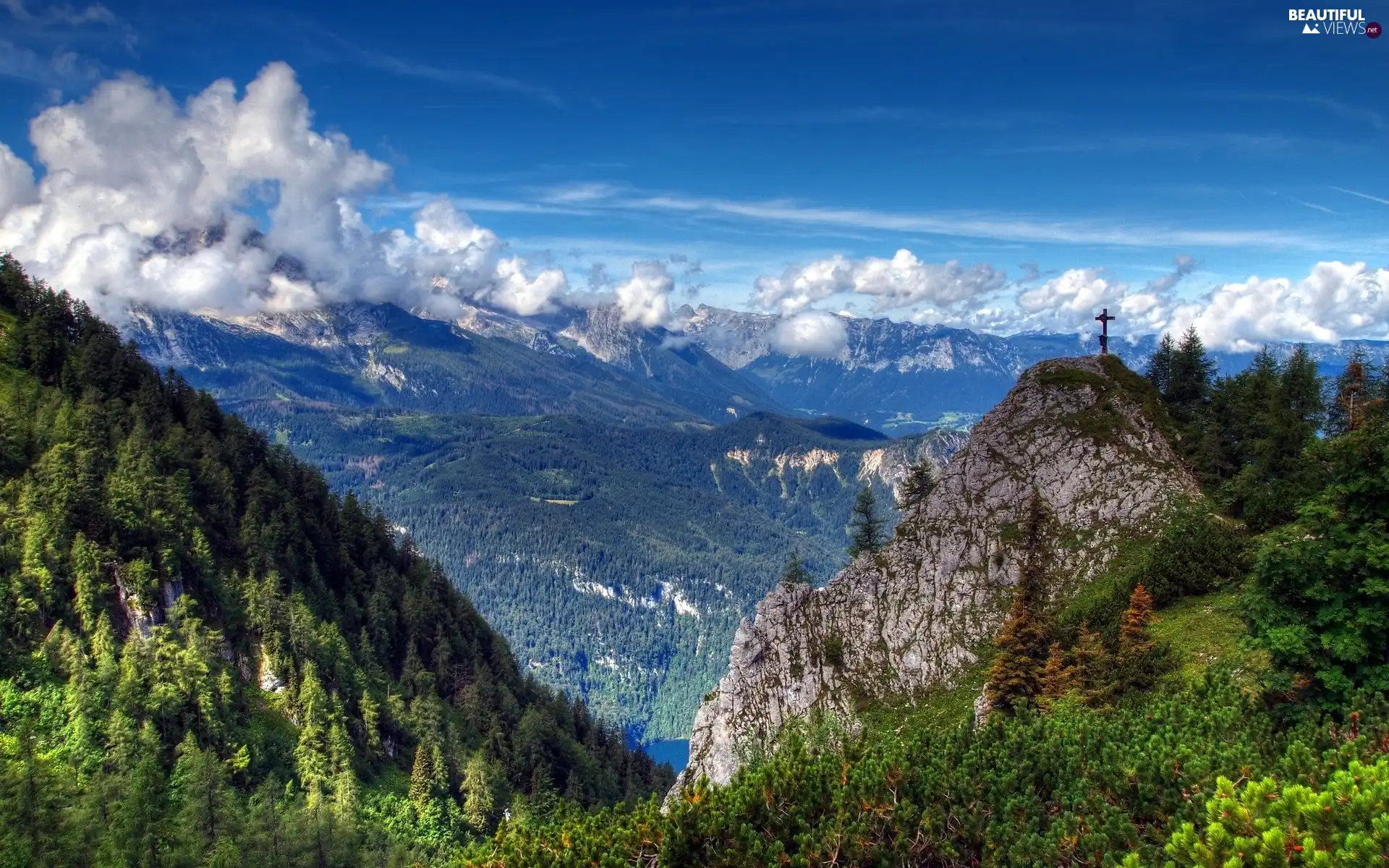 Mountains, rocks, clouds, woods