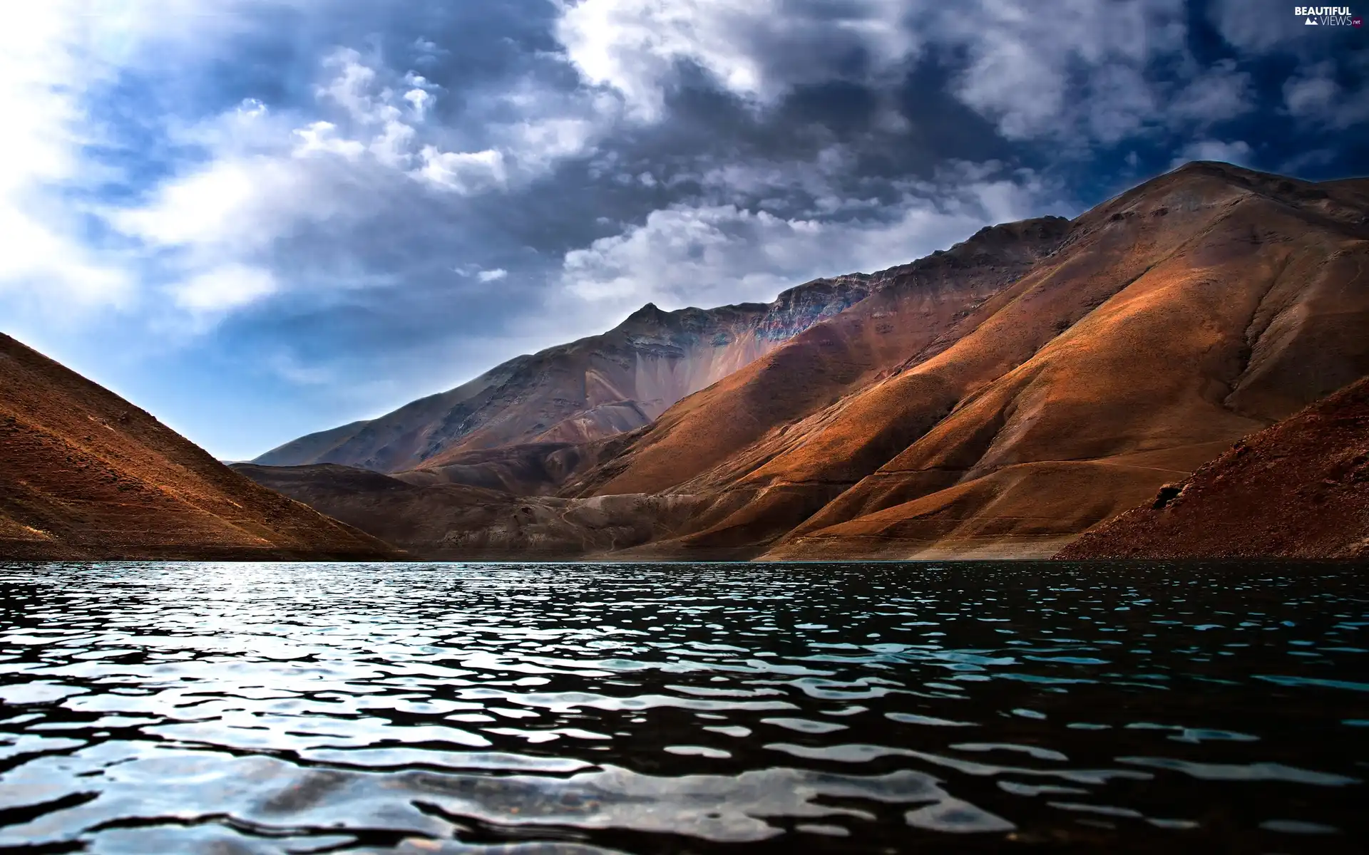 clouds, sea, Mountains