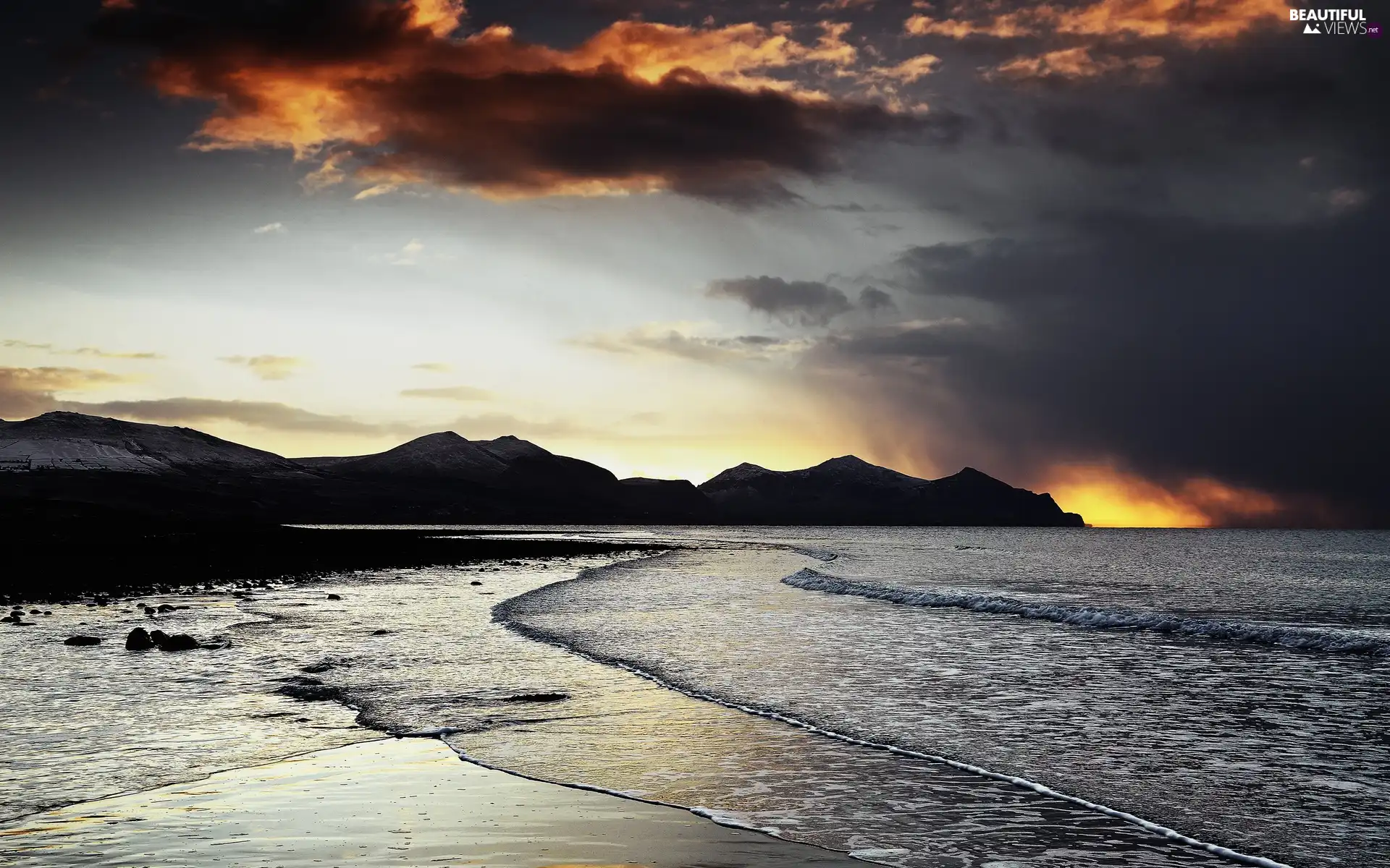 clouds, sea, Mountains