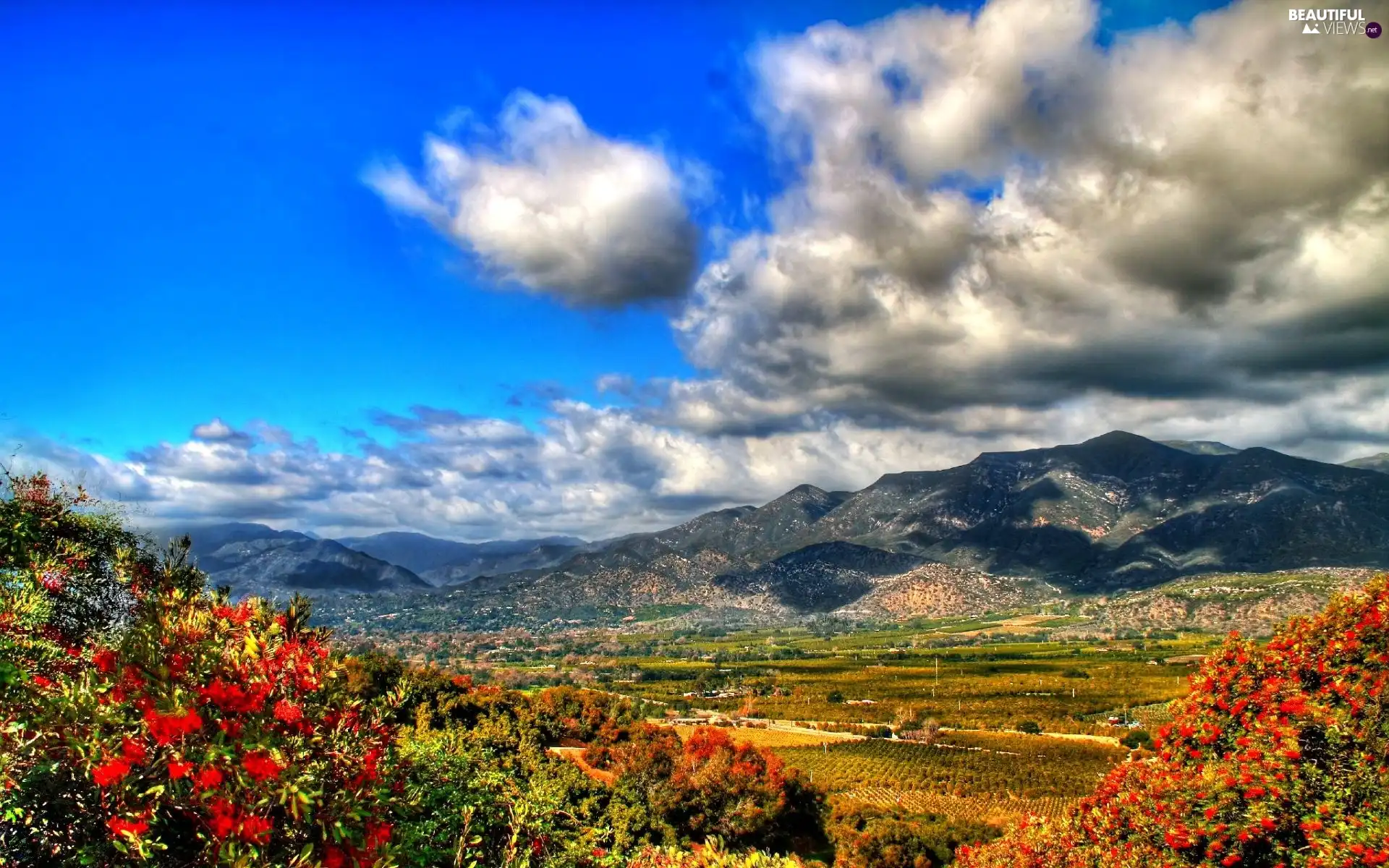 Mountains, Sky, clouds, Field