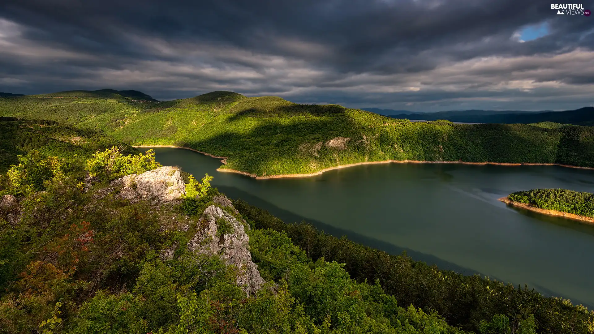 trees, lake, Sky, clouds, viewes, Mountains