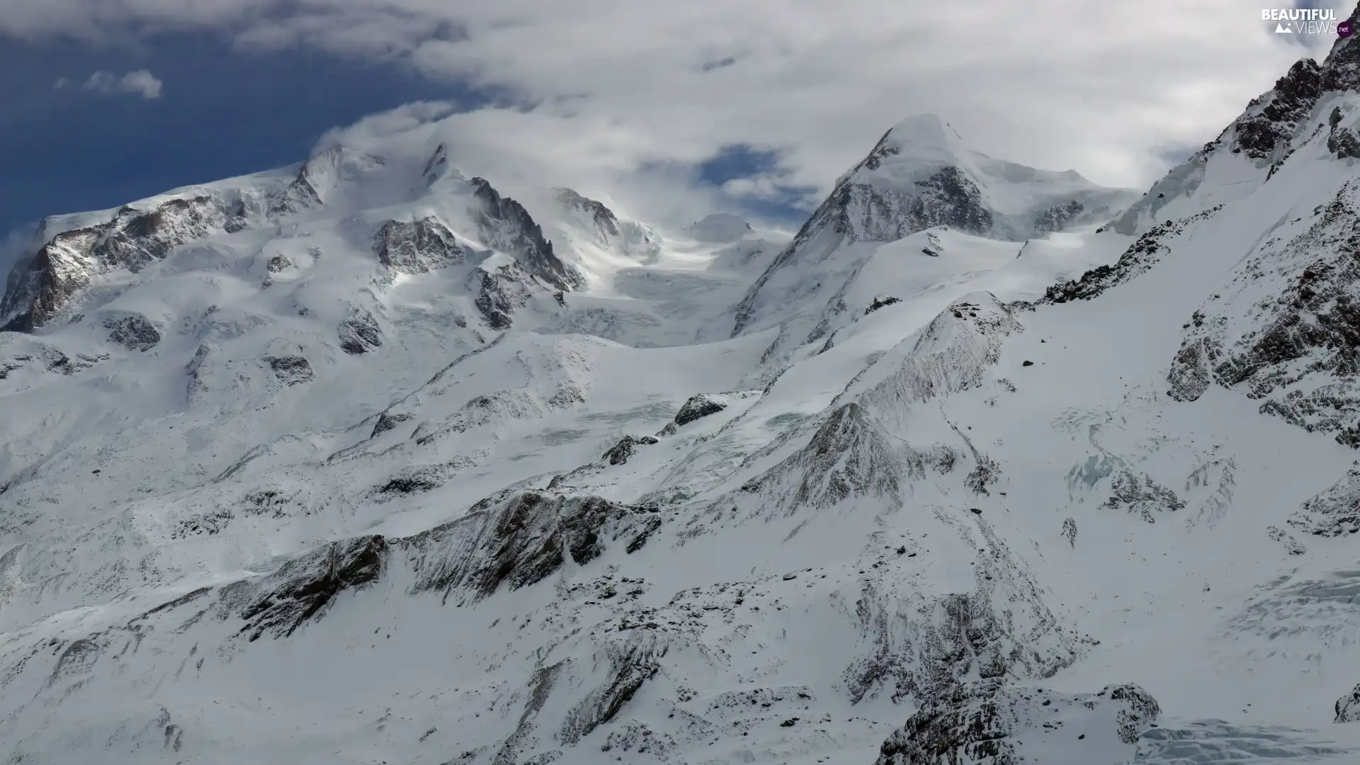 Mountains, snow, clouds, height