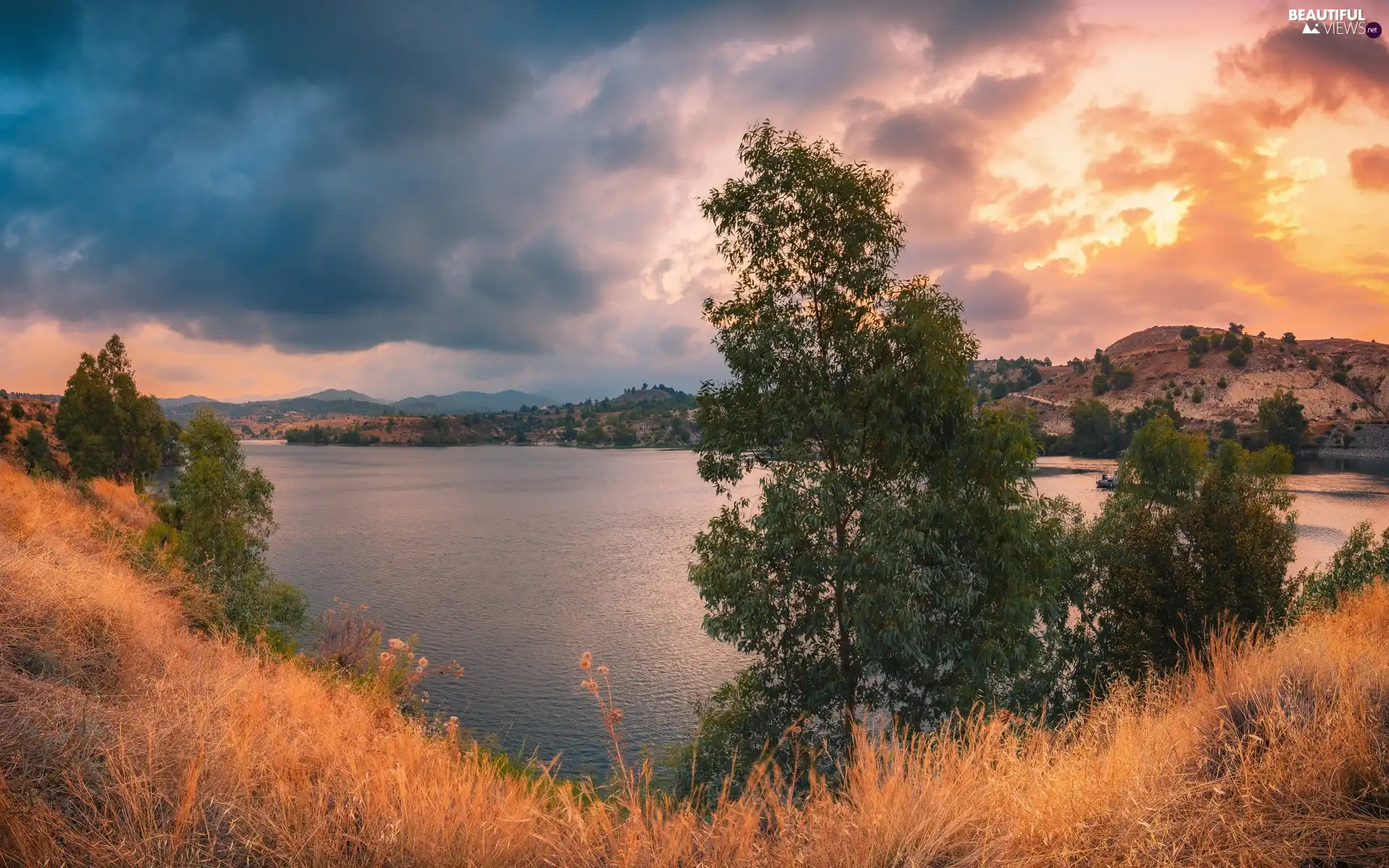trees, lake, Sunrise, clouds, viewes, Mountains