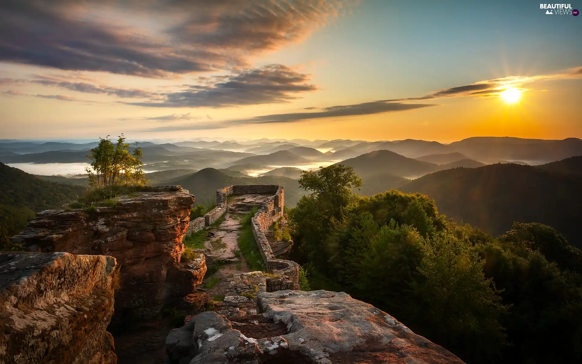 trees, rocks, Sunrise, clouds, viewes, Mountains