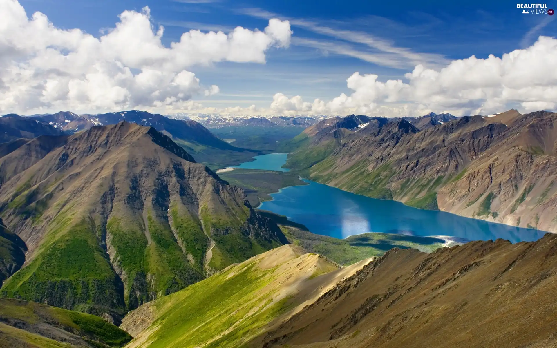 Mountains, water, clouds, Blue