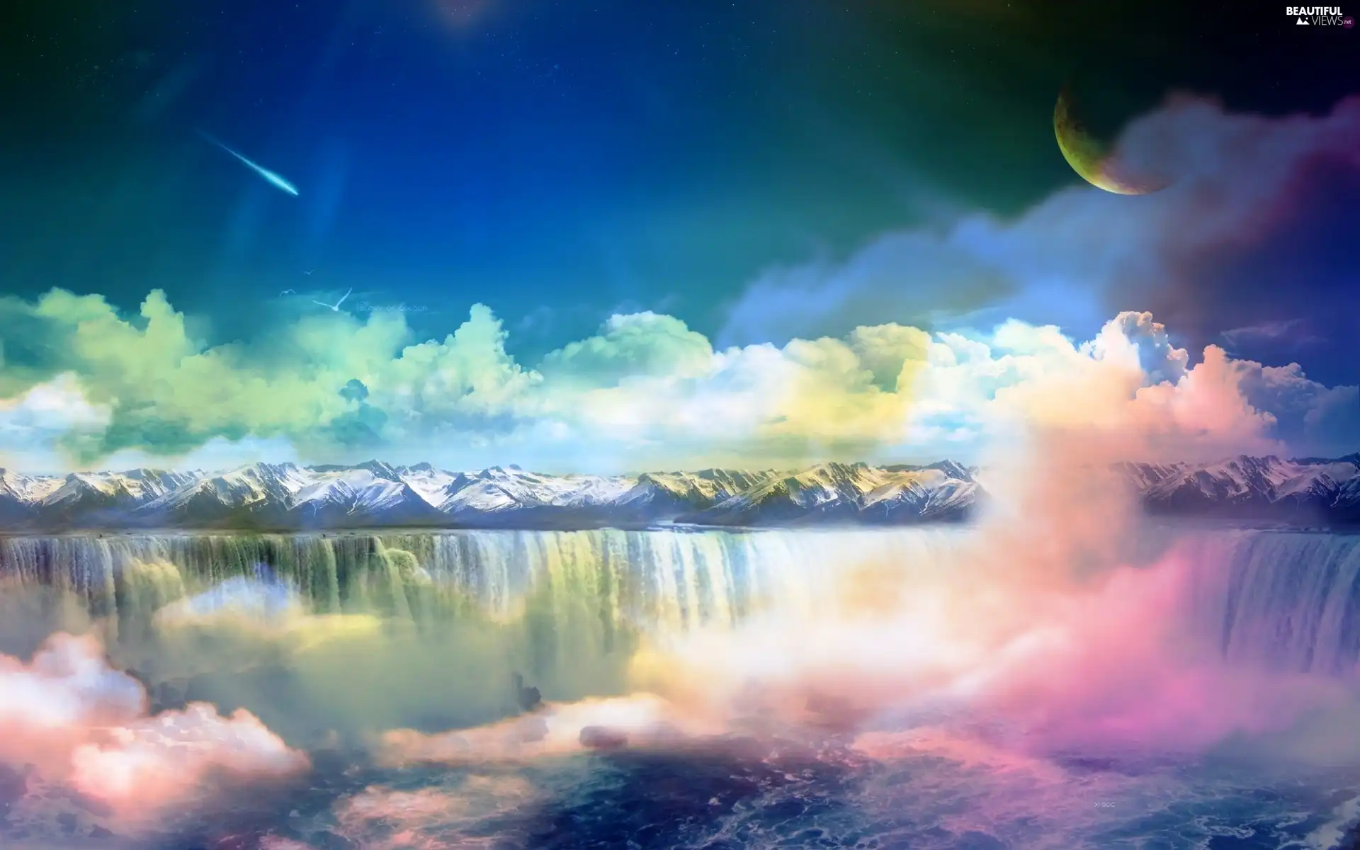 clouds, waterfall, Mountains