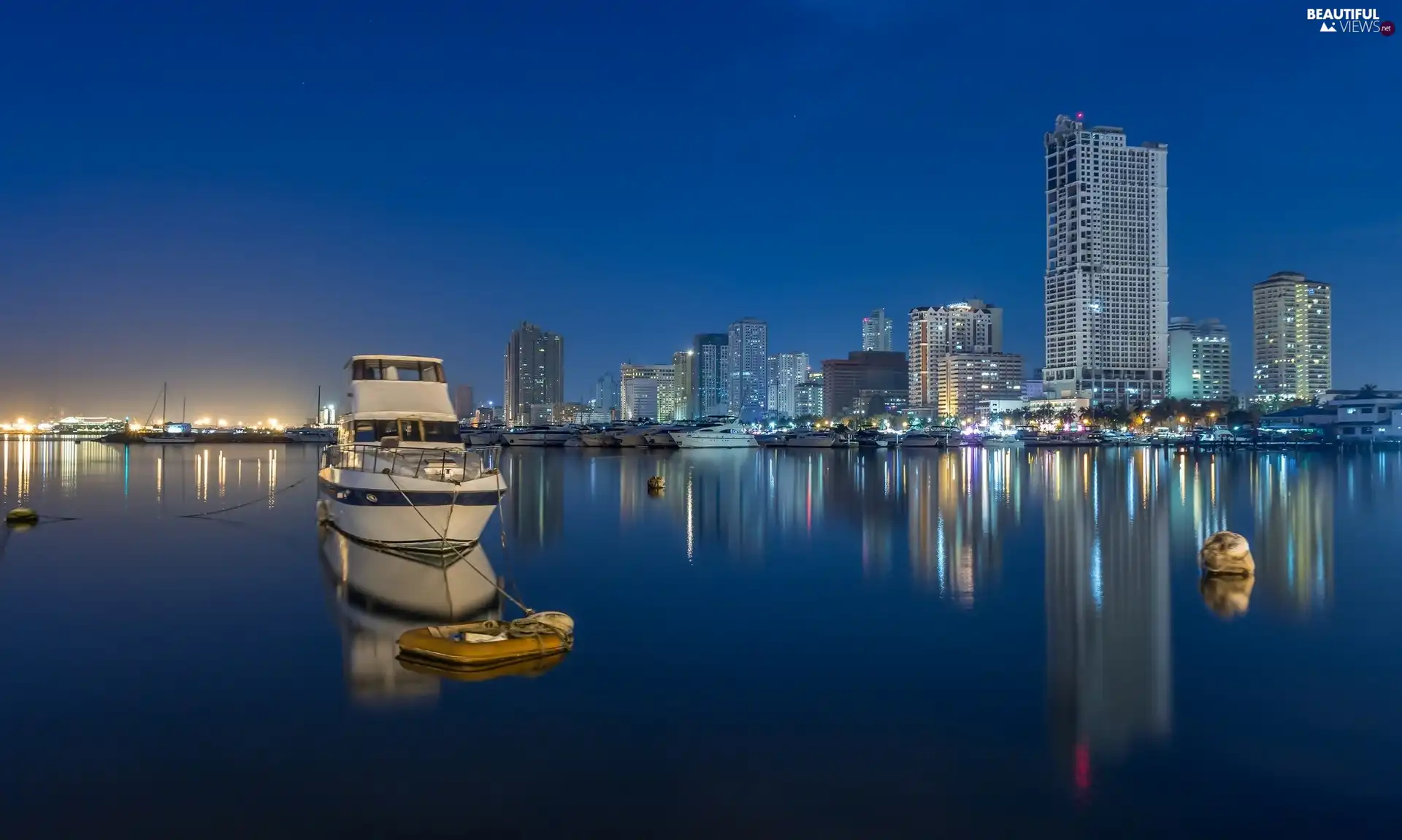 skyscrapers, Harbour, Town, vessels, River, clouds, night