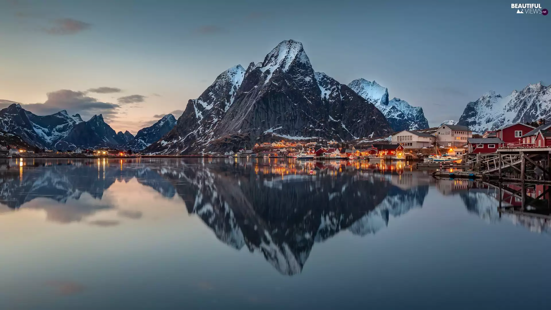 clouds, reflection, Mountains, Reine Village, Houses, Lofoten, Norway, Norwegian Sea