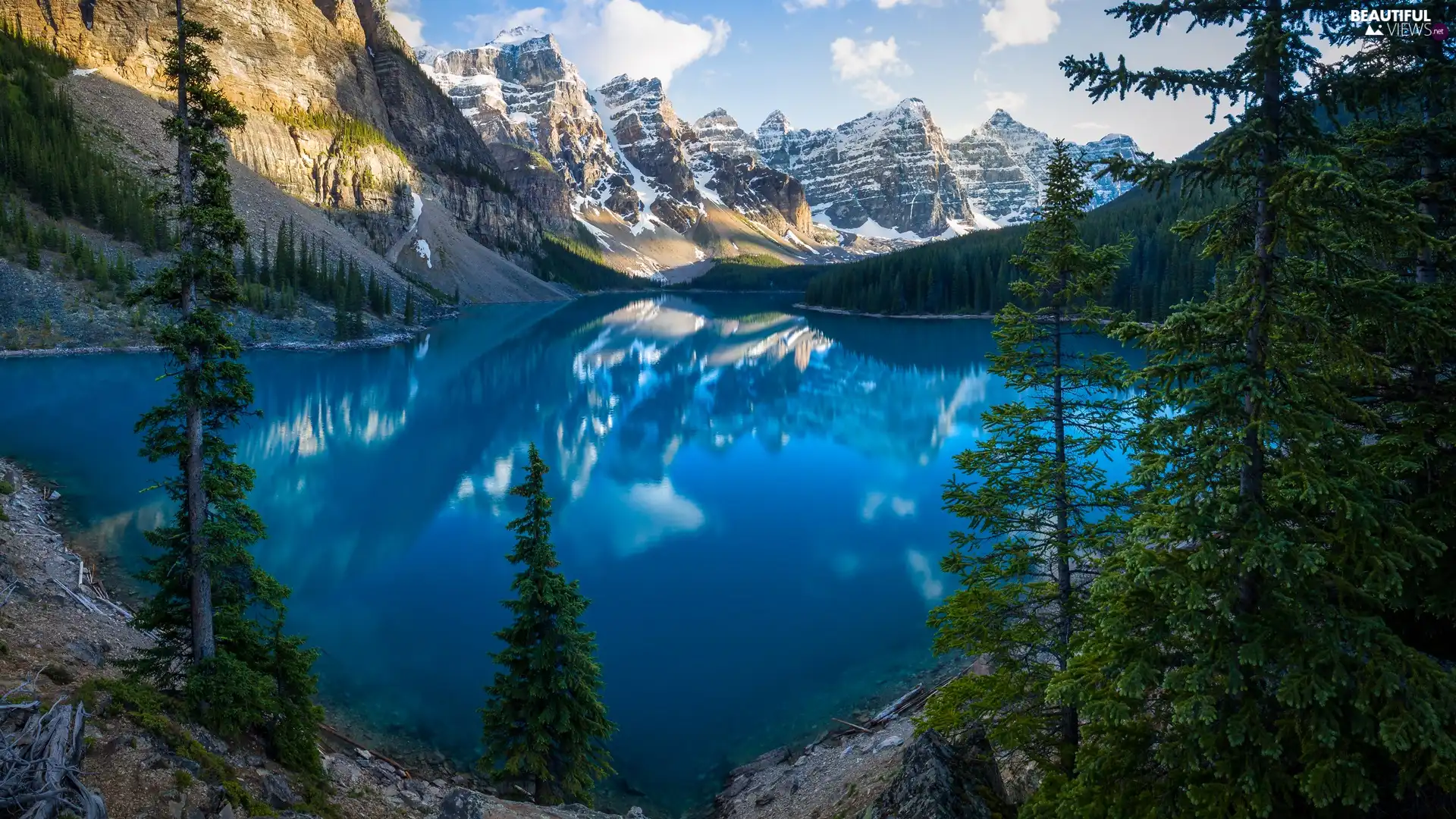 trees, Alberta, Mountains, clouds, Lake Moraine, Canada, Banff National Park, reflection, viewes, forest