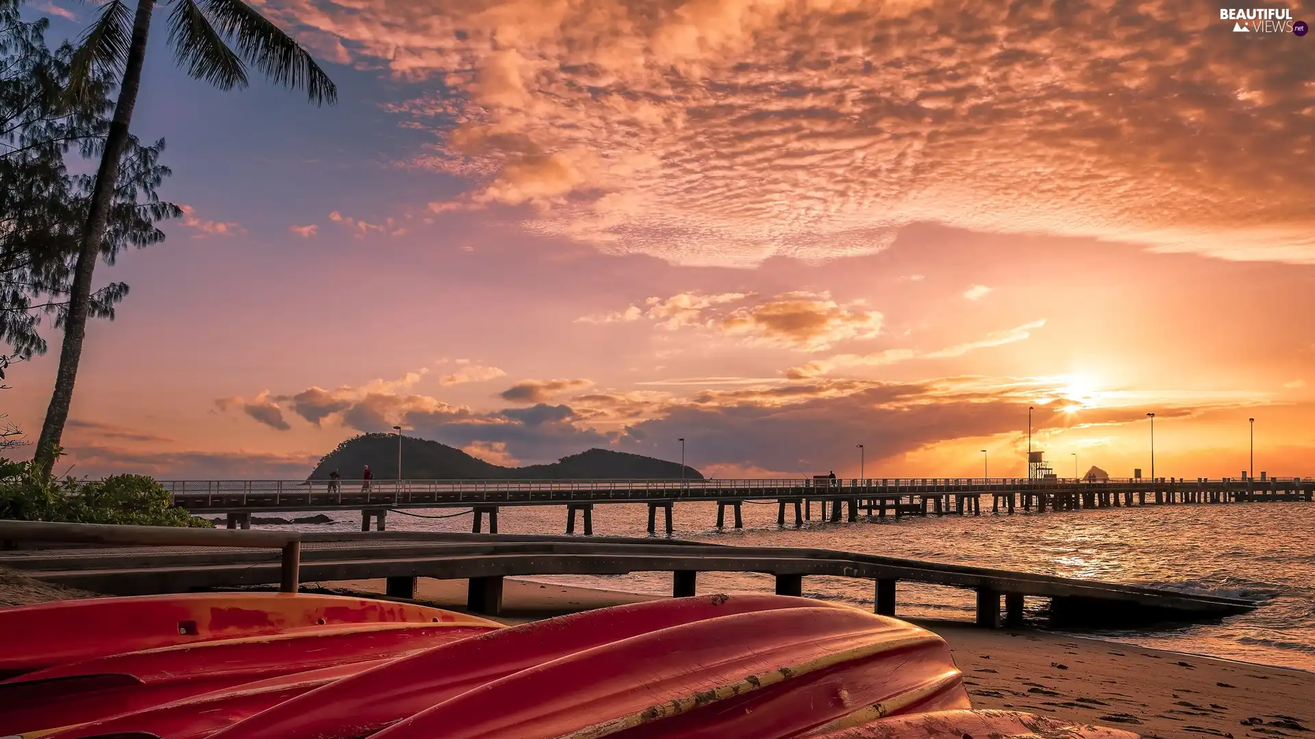 boats, sea, Sunrise, clouds, Beaches, pier