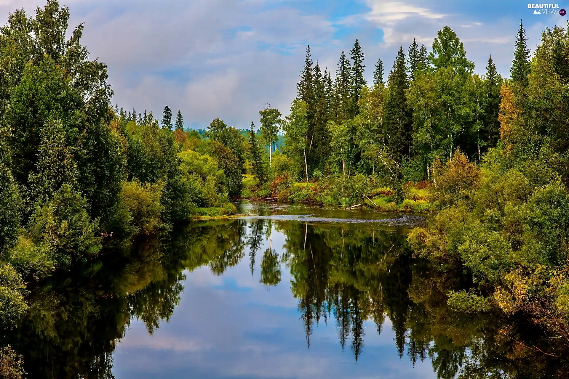 clouds, reflection, forest, lake, autumn