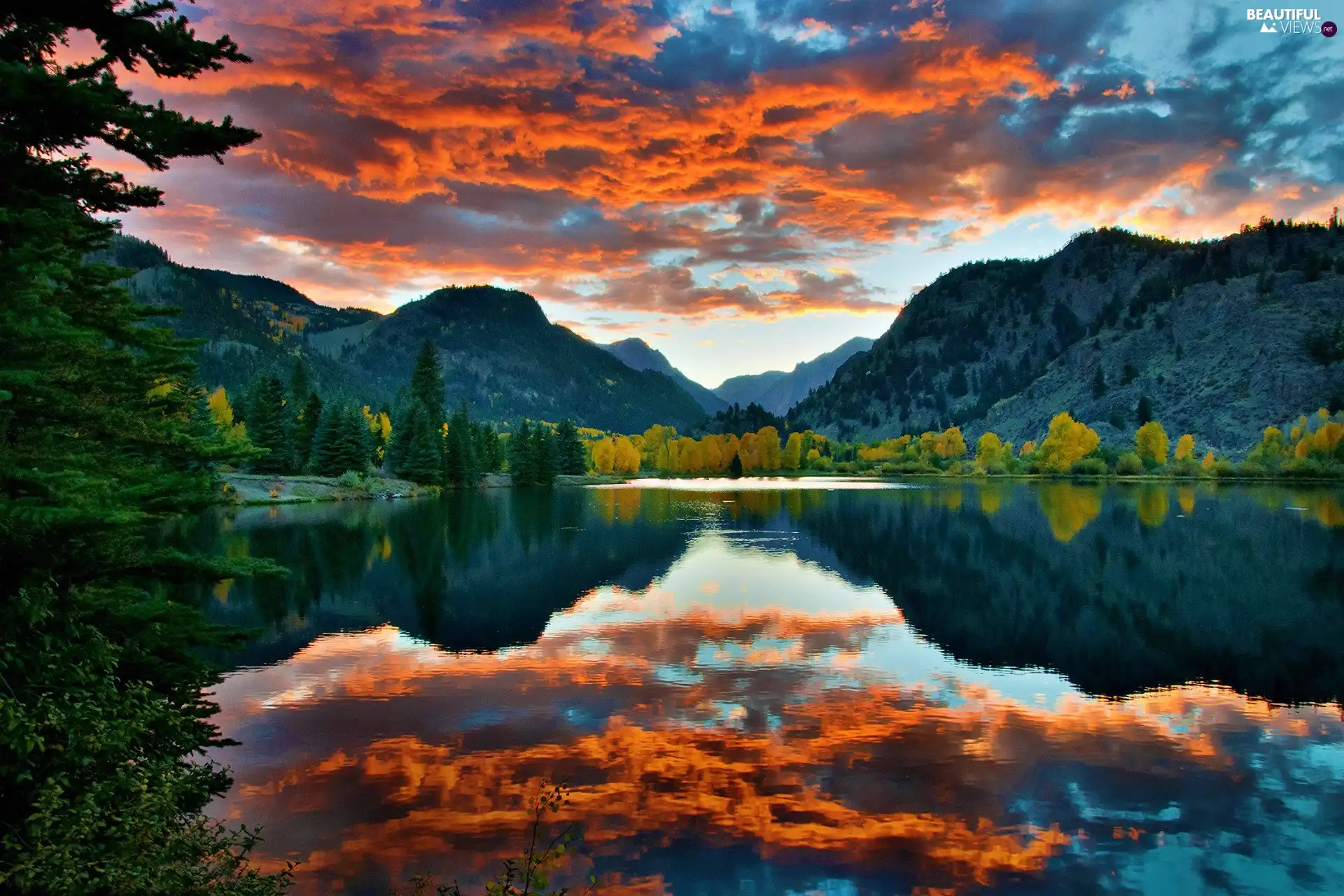 clouds, reflection, Mountains, Orange, lake