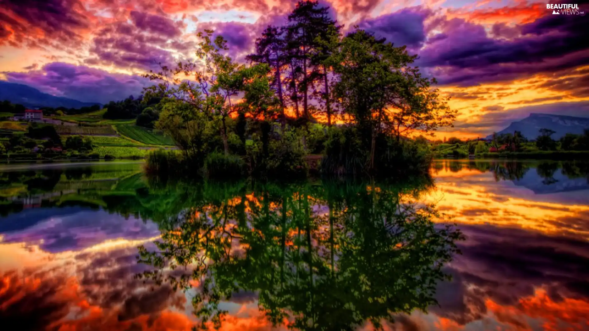 viewes, lake, clouds, reflection, Sky, trees