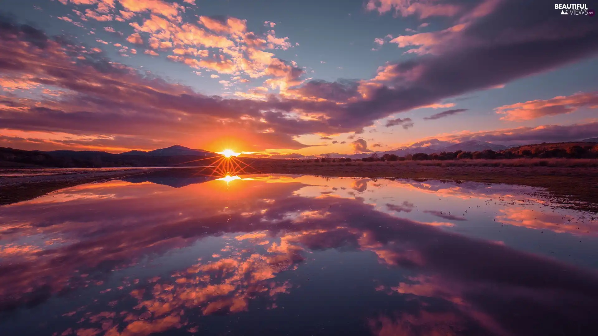 lake, clouds, reflection, Great Sunsets