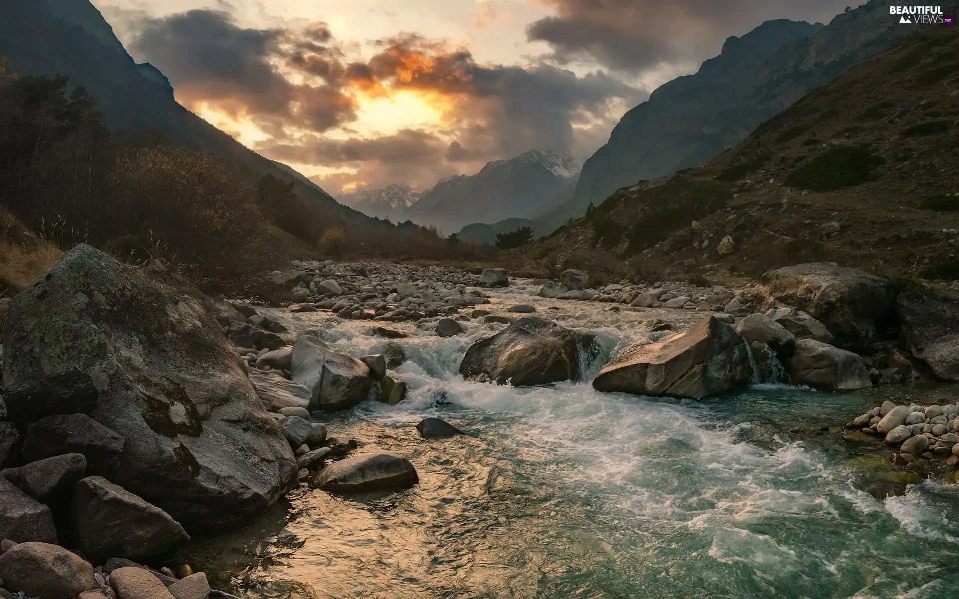 Stones, clouds, River, boulders, Mountains