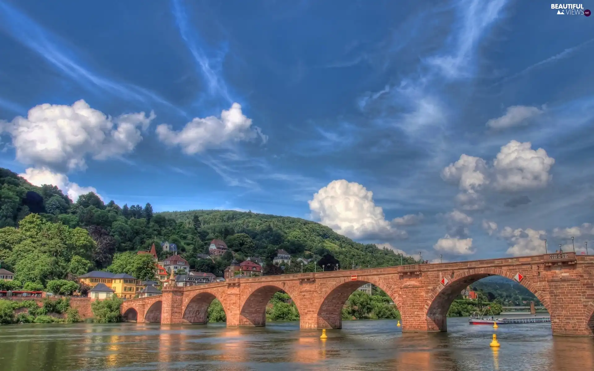 River, Mountains, clouds, bridge