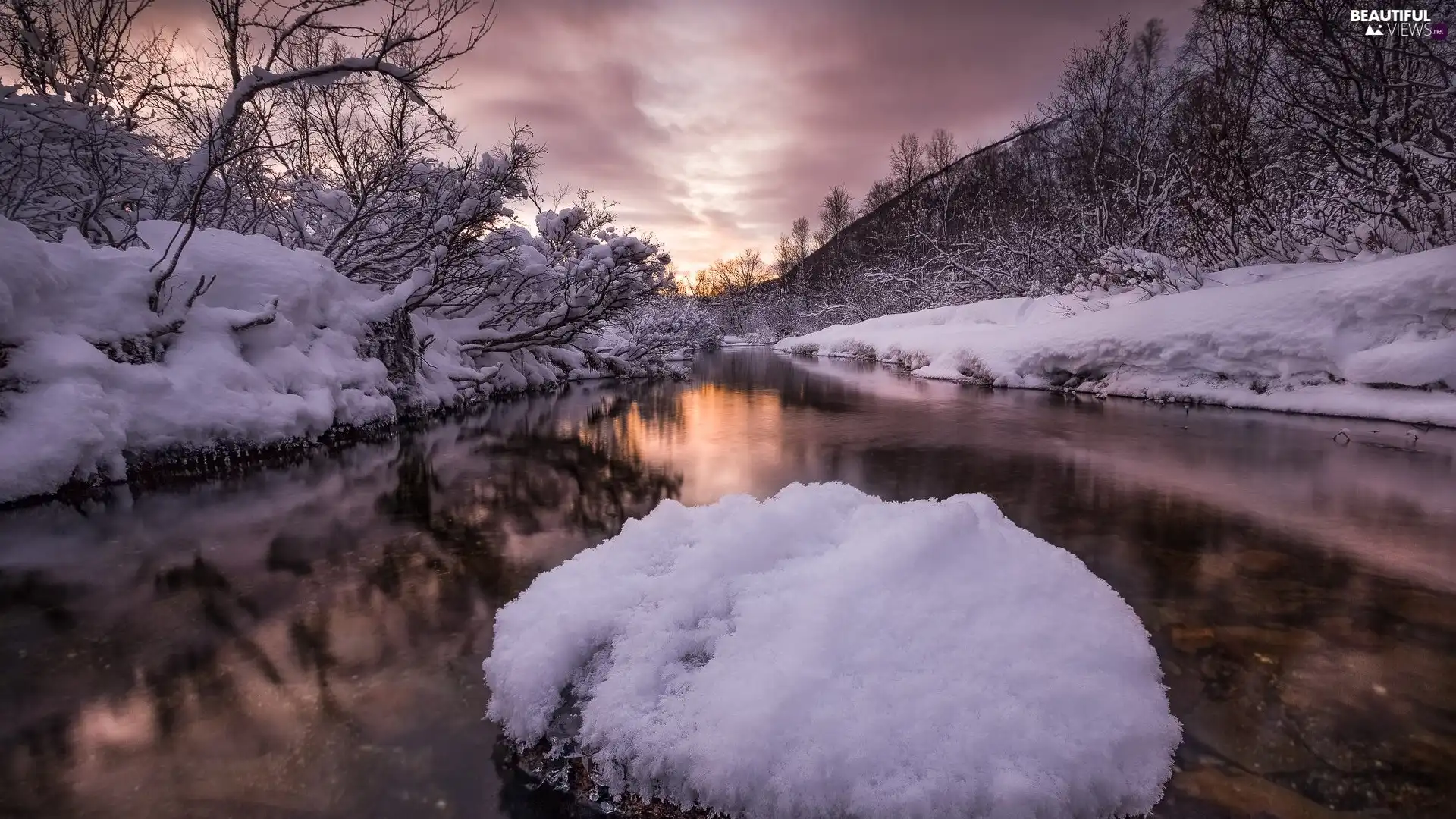 branch pics, River, viewes, Snowy, winter, trees, clouds