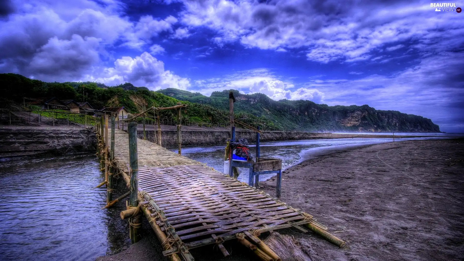 River, Sky, clouds, bridge