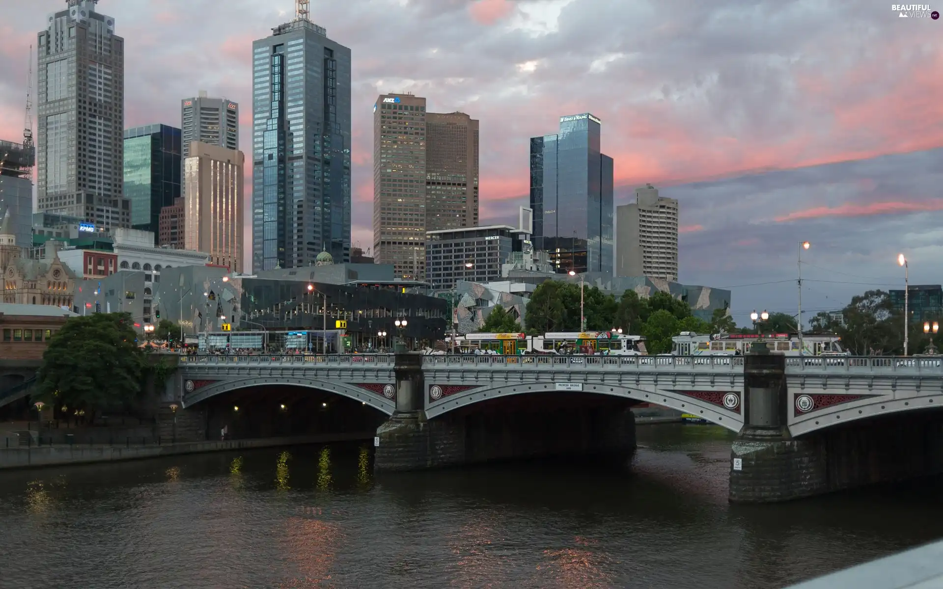 River, skyscrapers, clouds, bridge