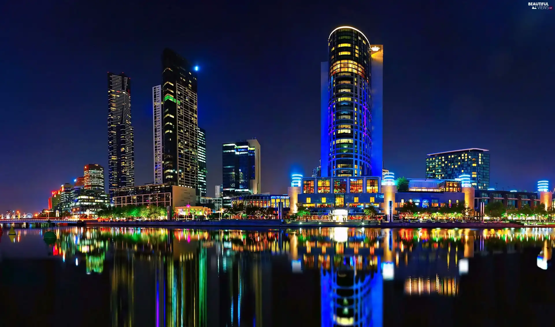 skyscrapers, Town, River, night, Brisbane, clouds, Australia