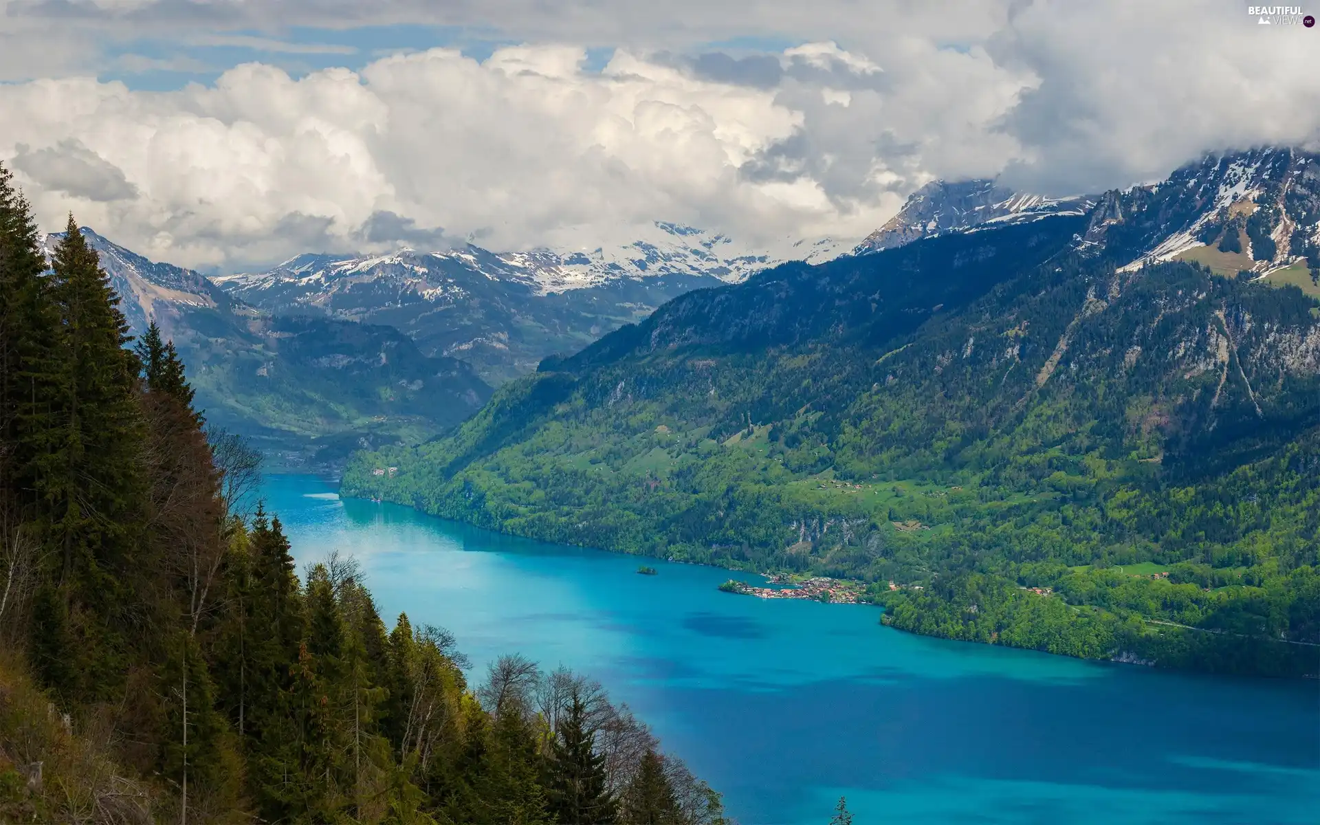 River, woods, clouds, Mountains