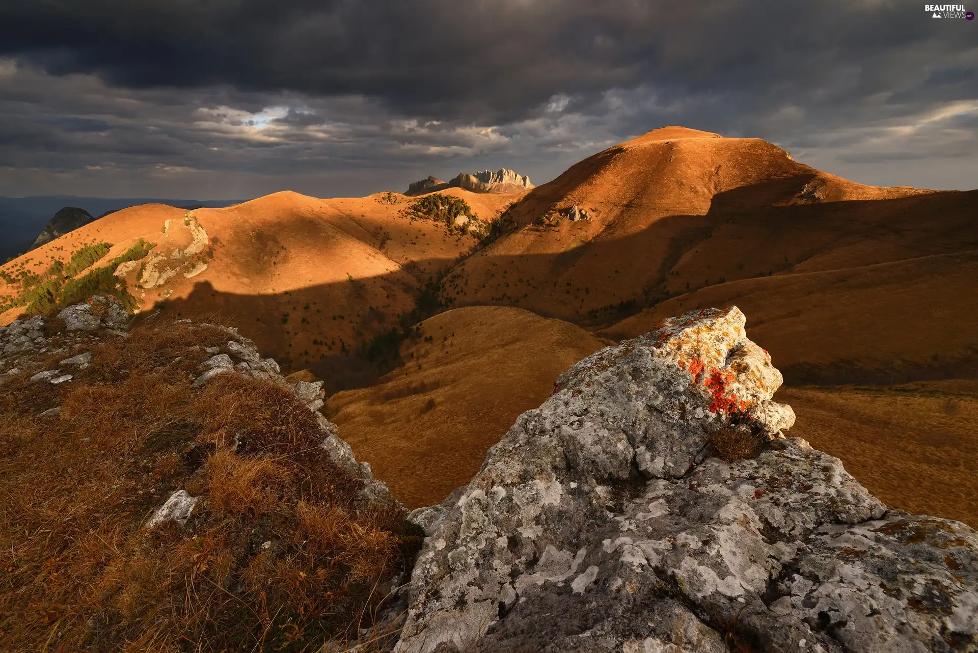 trees, Mountains, dark, clouds, viewes, rocks