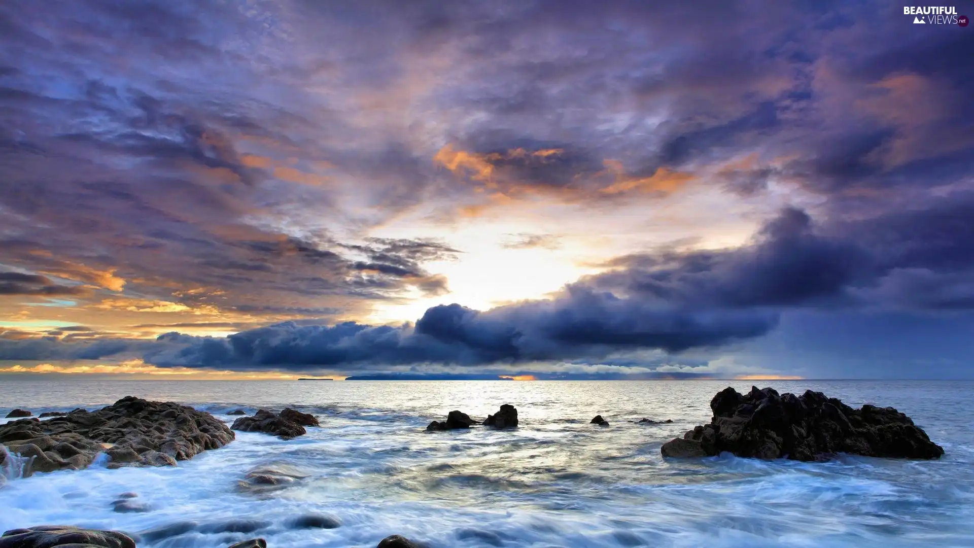 clouds, sea, rocks