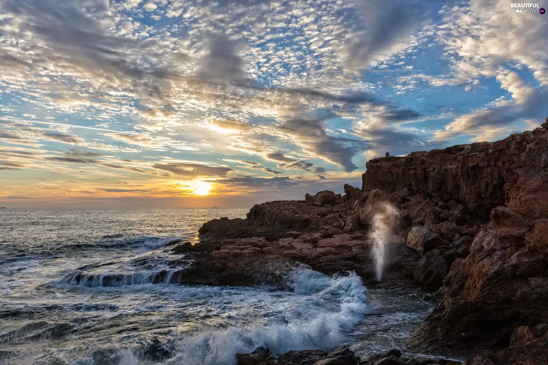 Sunrise, clouds, rocks, Coast, sea