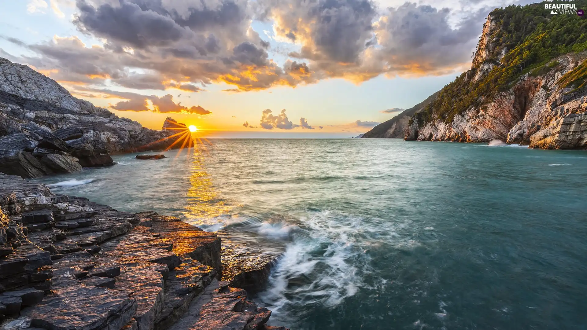 rocks, Sunrise, sea, clouds