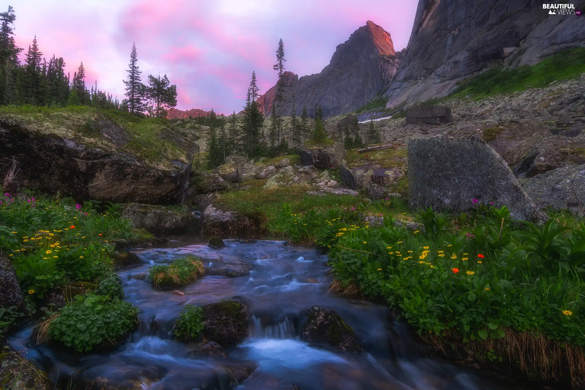 VEGETATION, River, viewes, clouds, trees, rocks