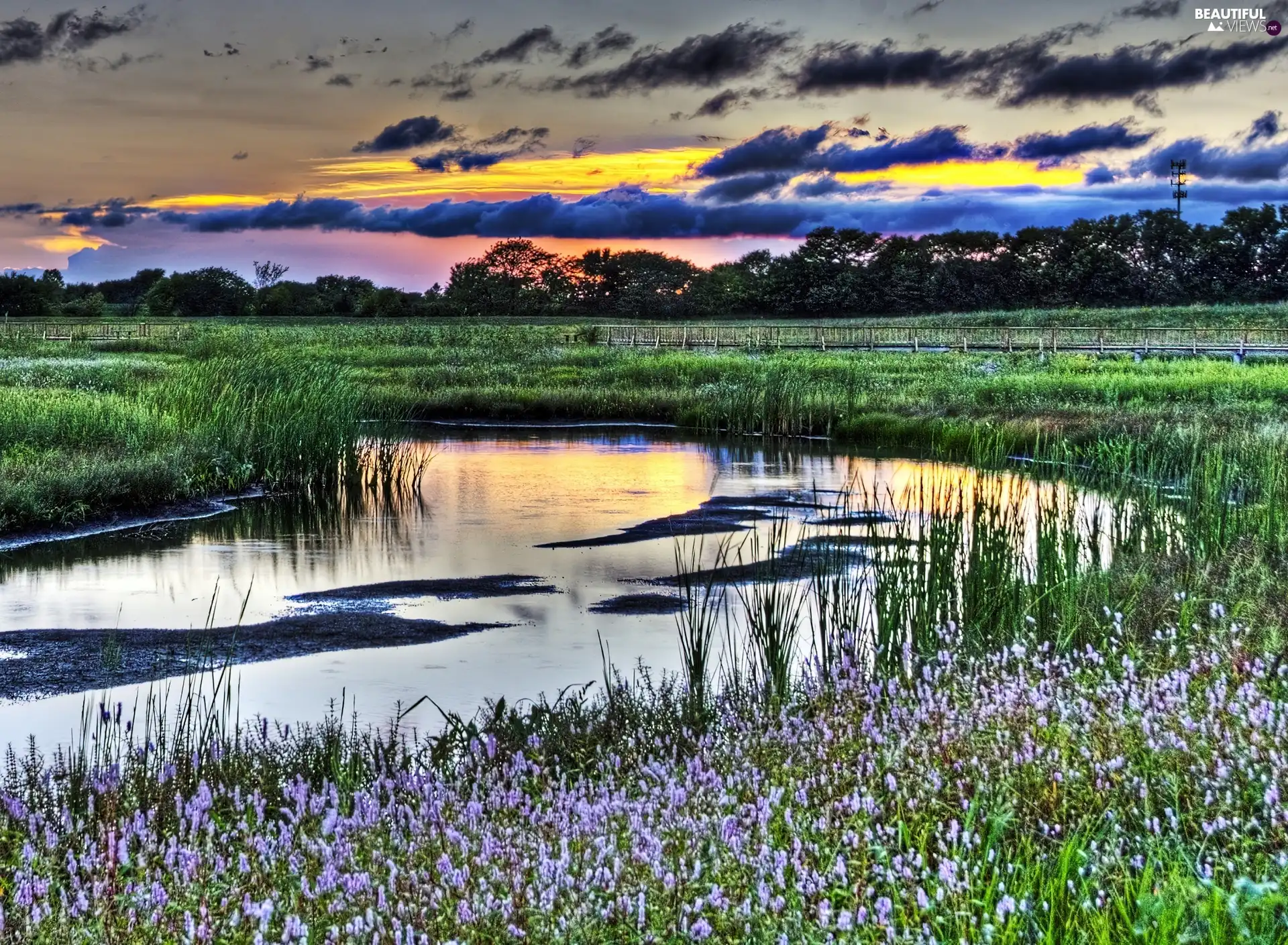 clouds, River, scrub