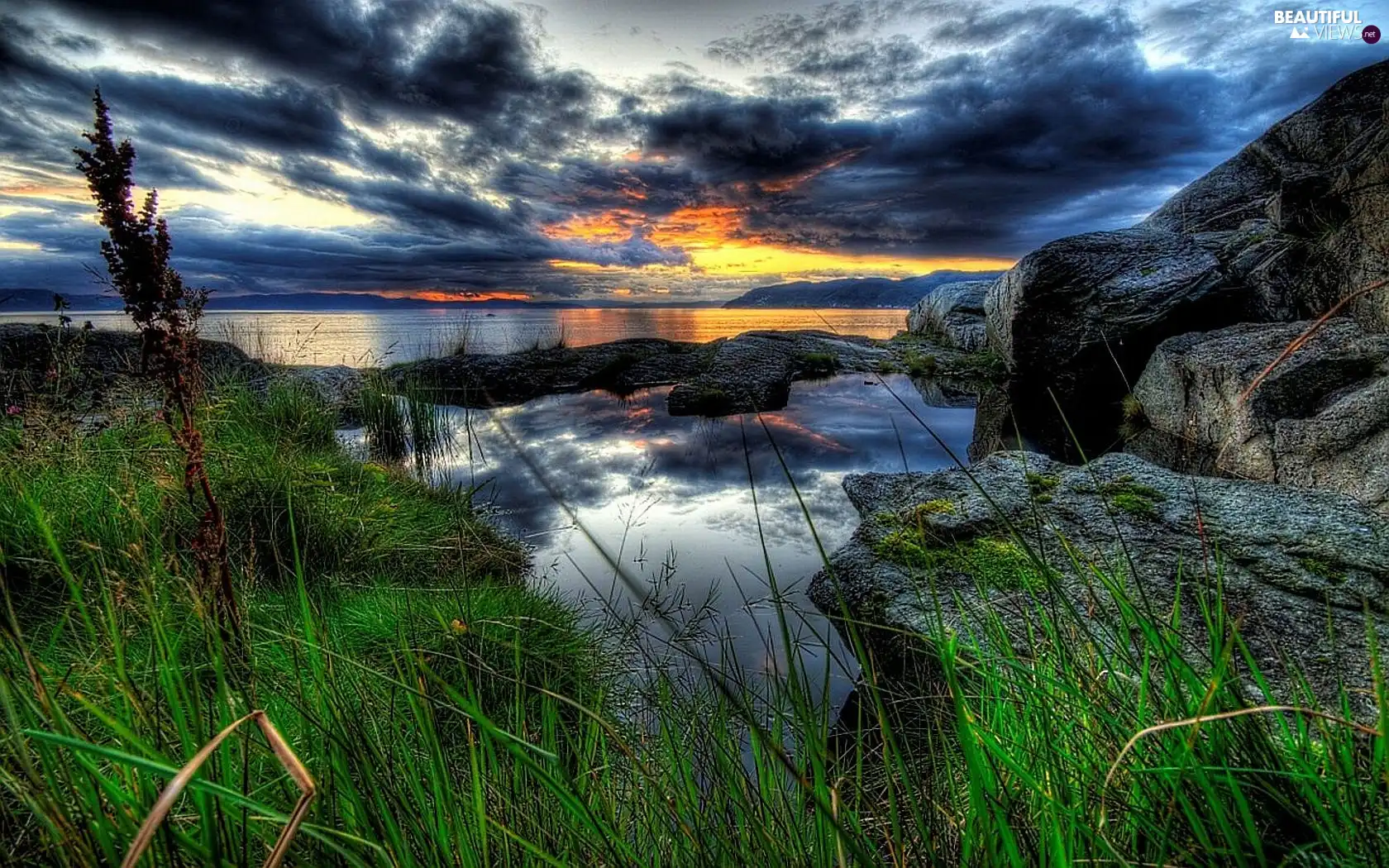 west, lake, clouds, scrub, sun, Stones