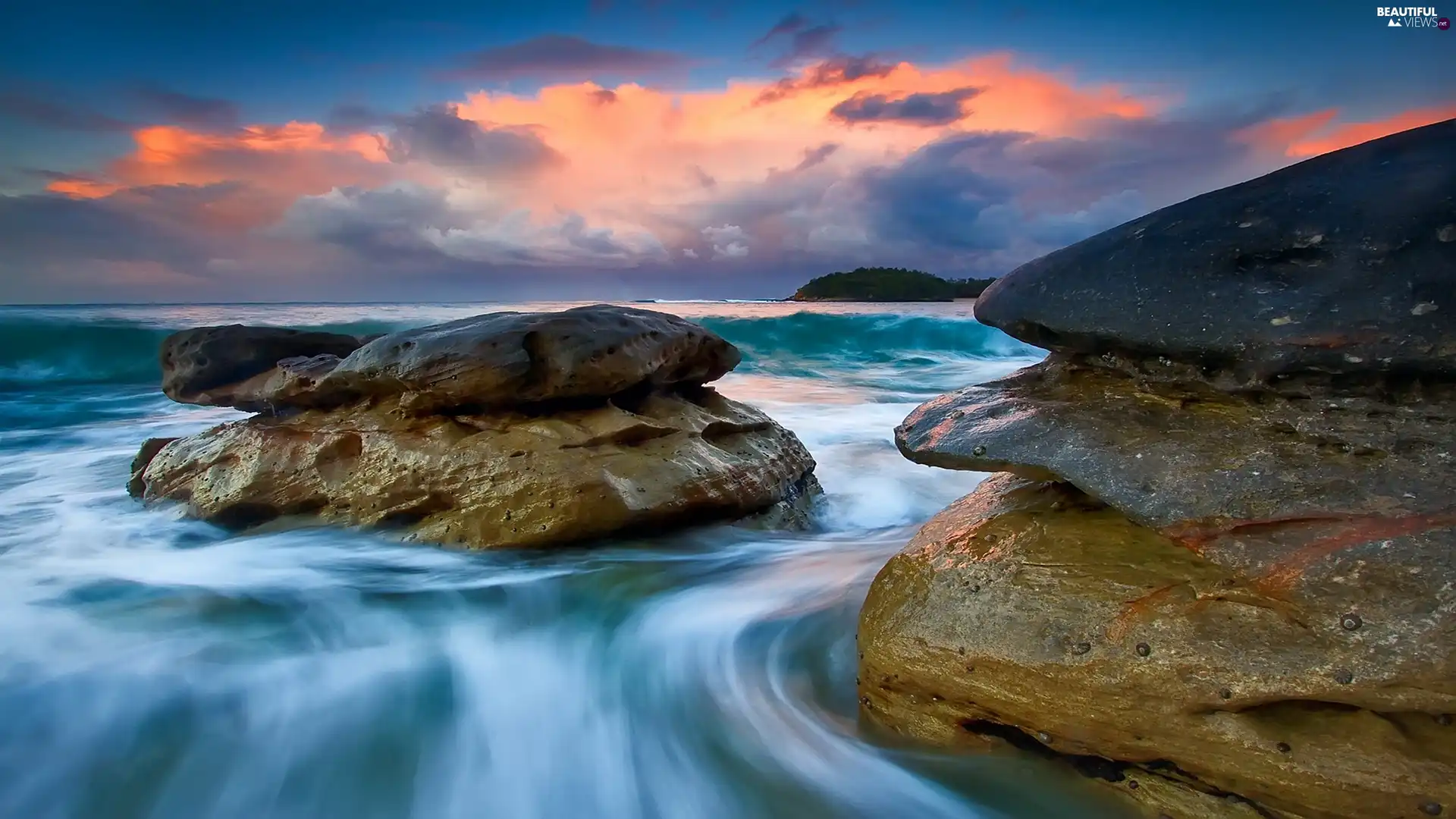 sea, color, clouds, rocks