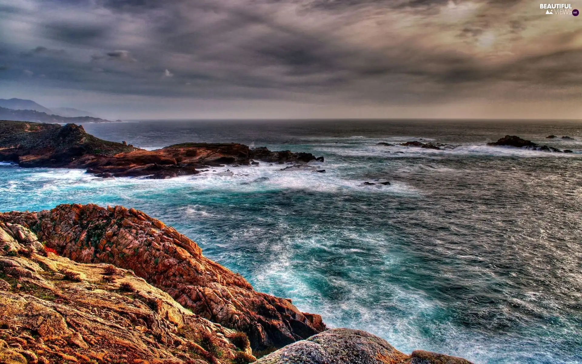 clouds, rocks, sea