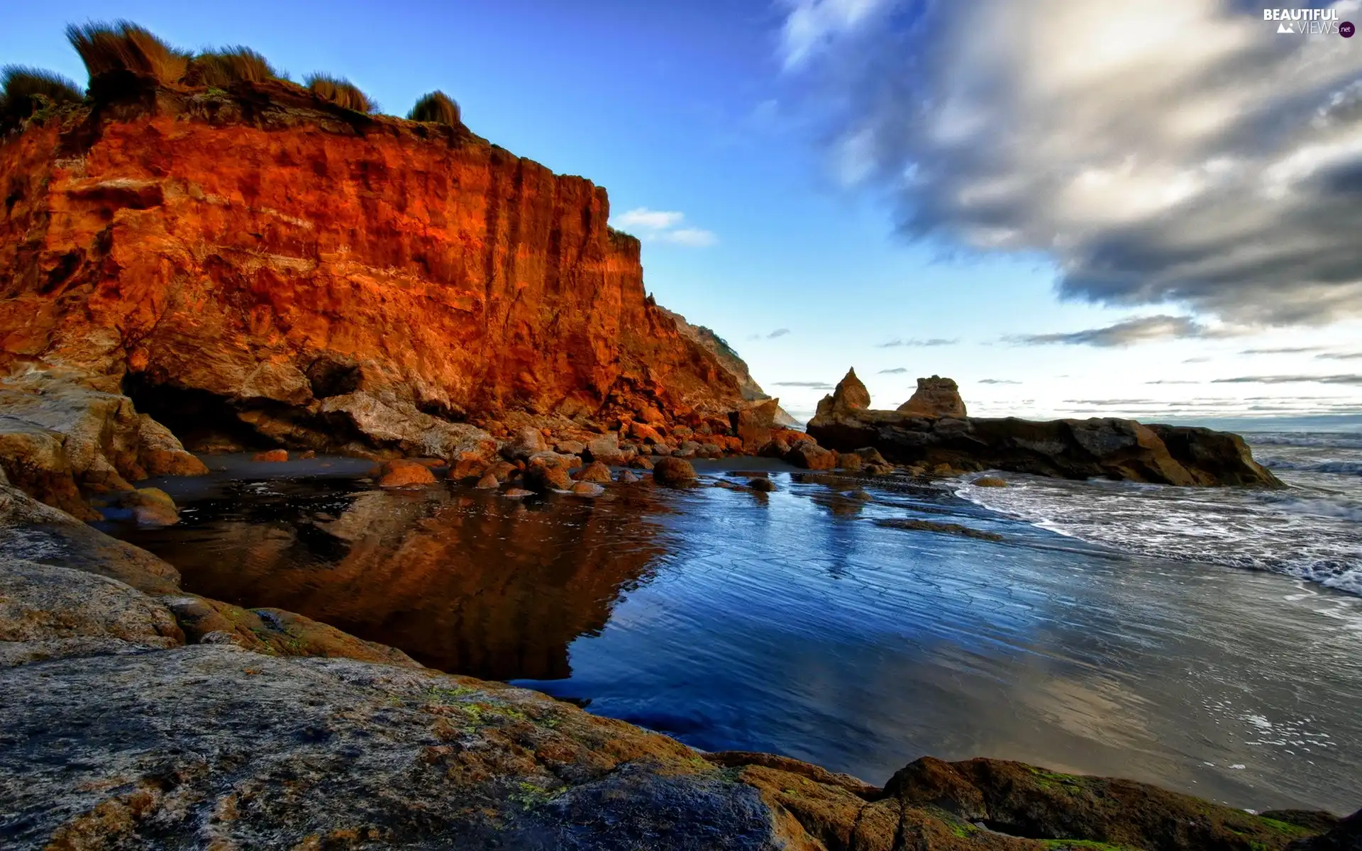 clouds, rocks, sea