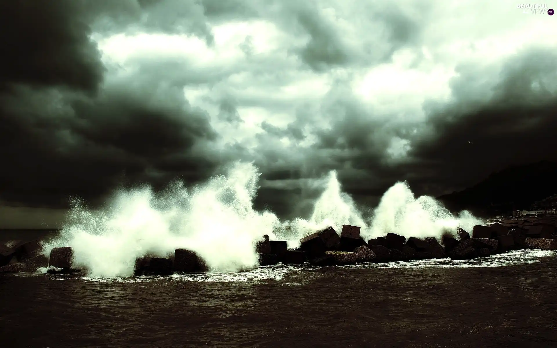 sea, rocks, clouds, Waves