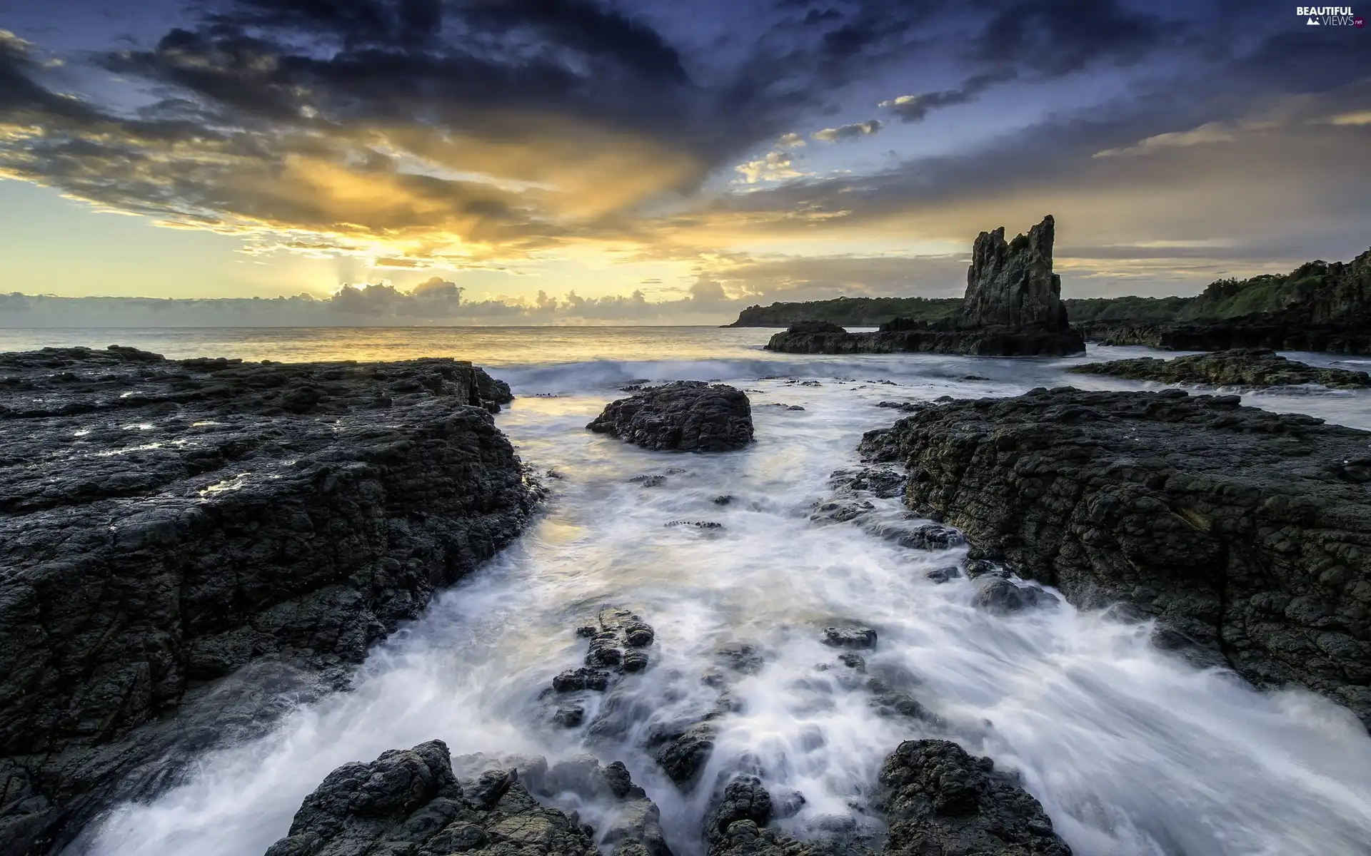 sea, rocks, clouds, Waves