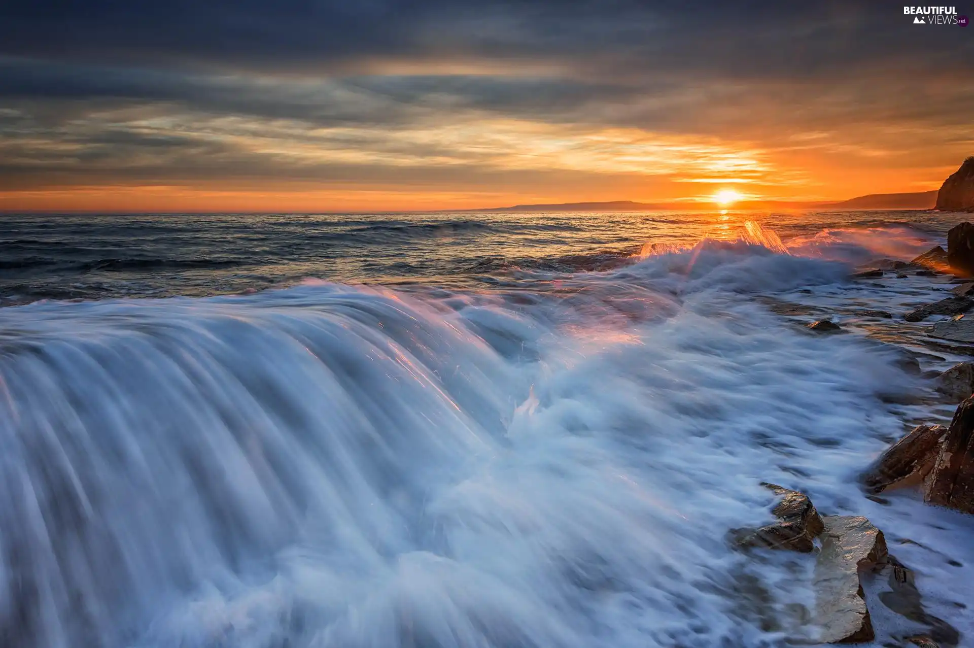 sea, Great Sunsets, clouds, rocks