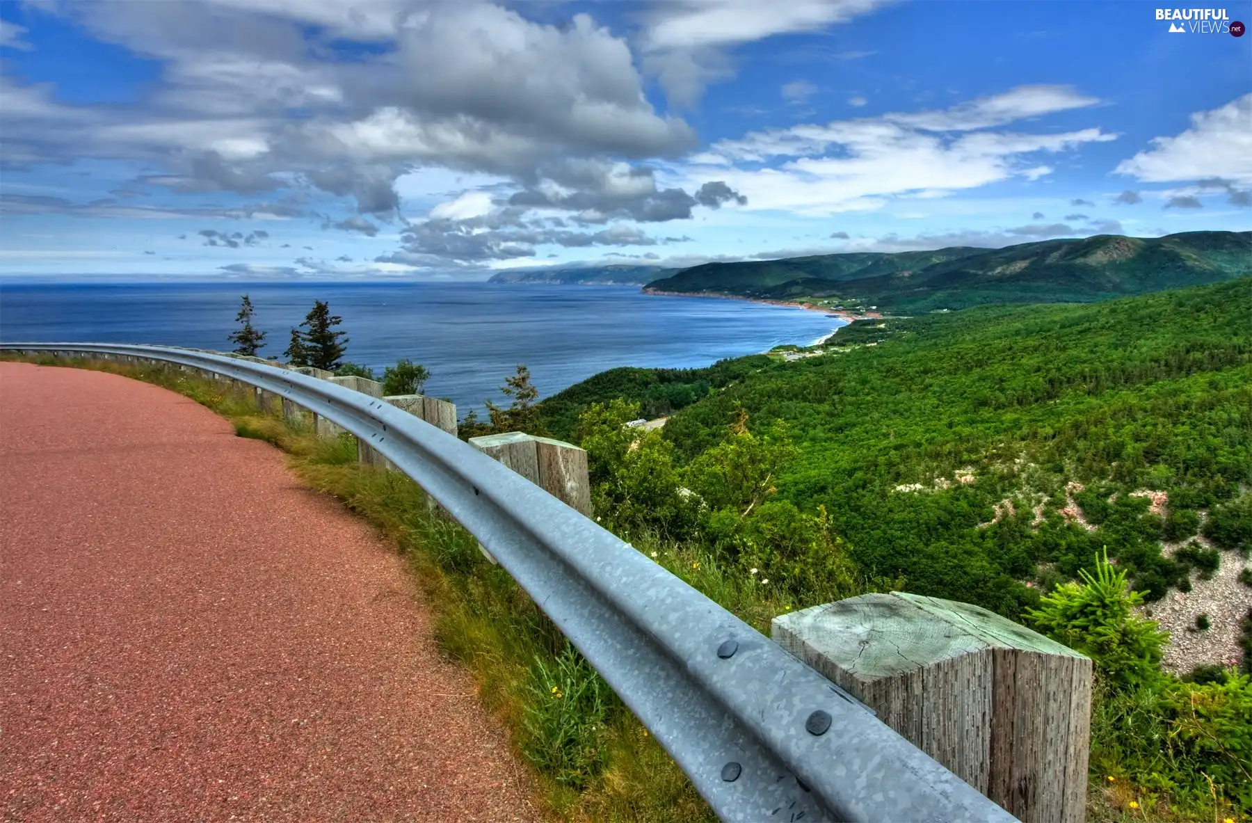 sea, woods, clouds, Mountains