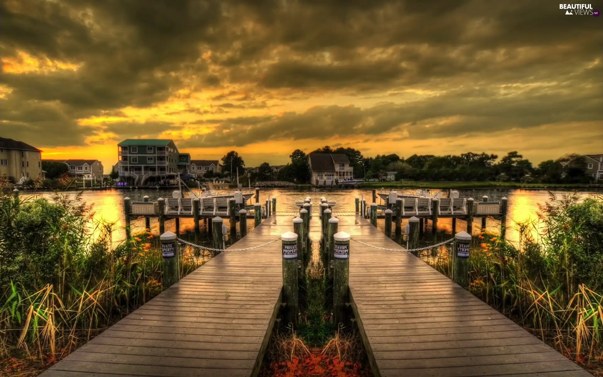 Clouds, Sky, Platform, Houses, lake