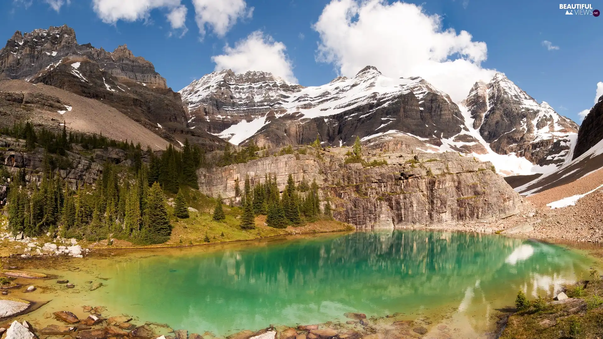 trees, viewes, Sky, White, Blue, Mountains, lake, clouds