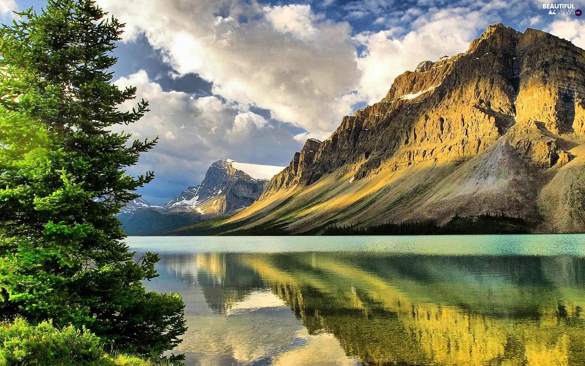 clouds, spruce, Mountains, lake, beatyfull