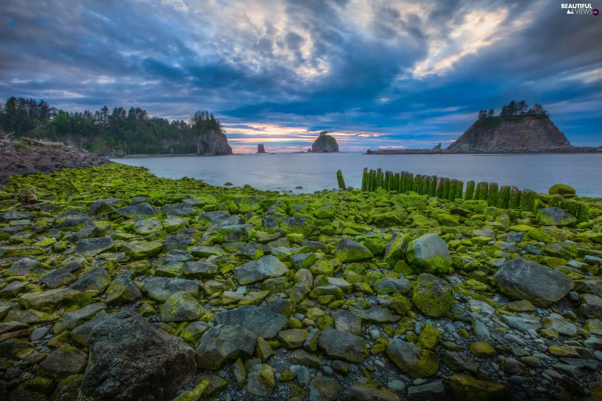 clouds, lake, Stones