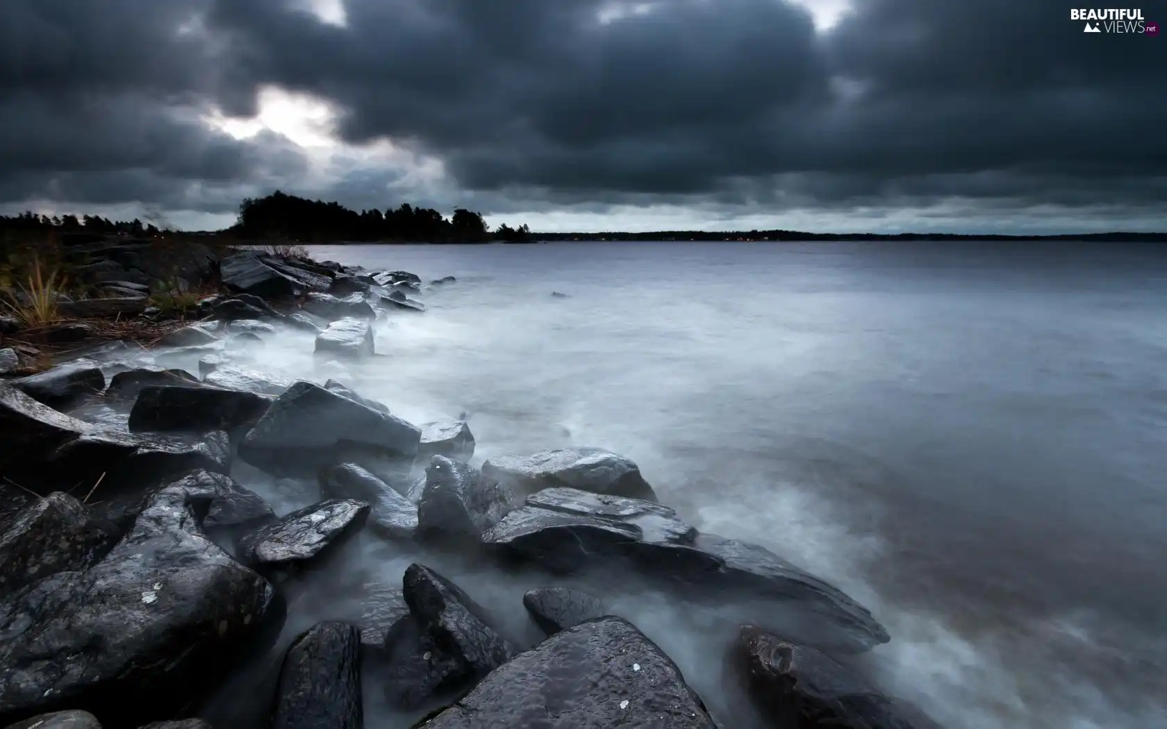 clouds, sea, Stones