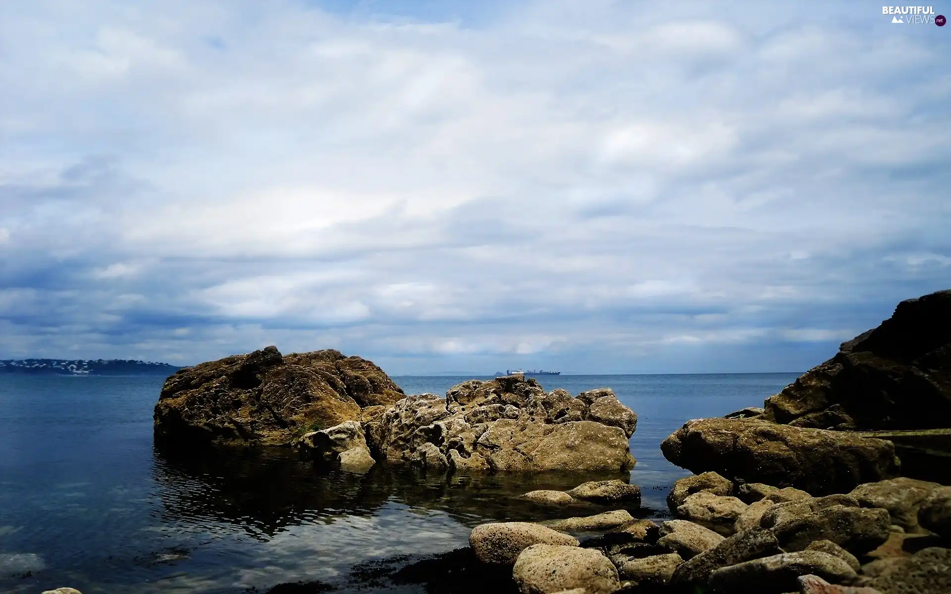 clouds, sea, Stones