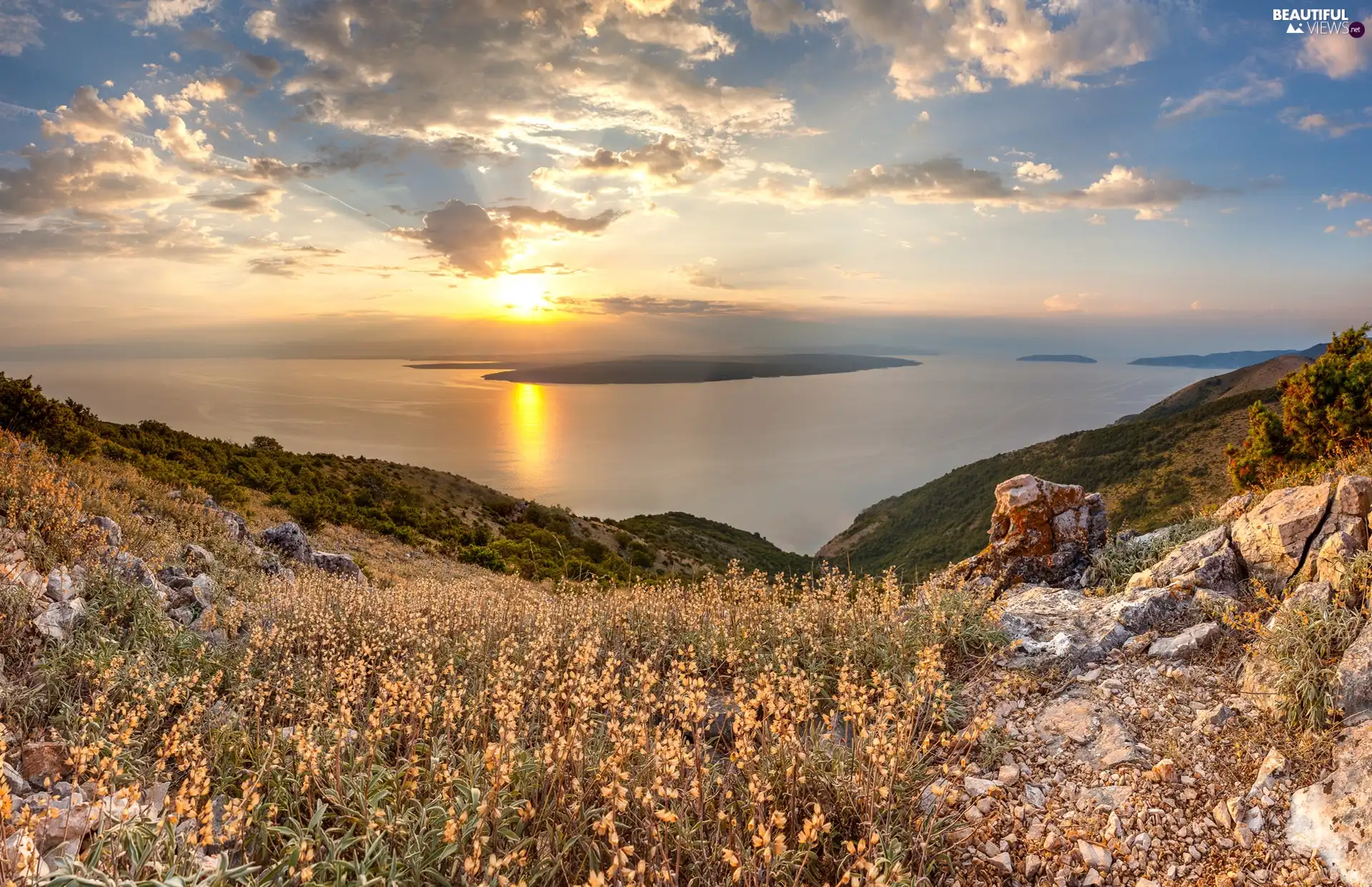 Sunrise, clouds, Stones, VEGETATION, sea