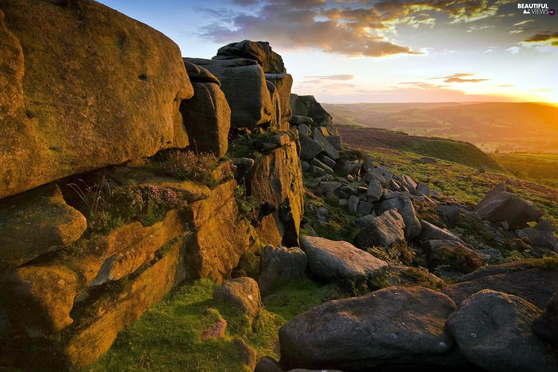 Stones, Sky, clouds, Moss